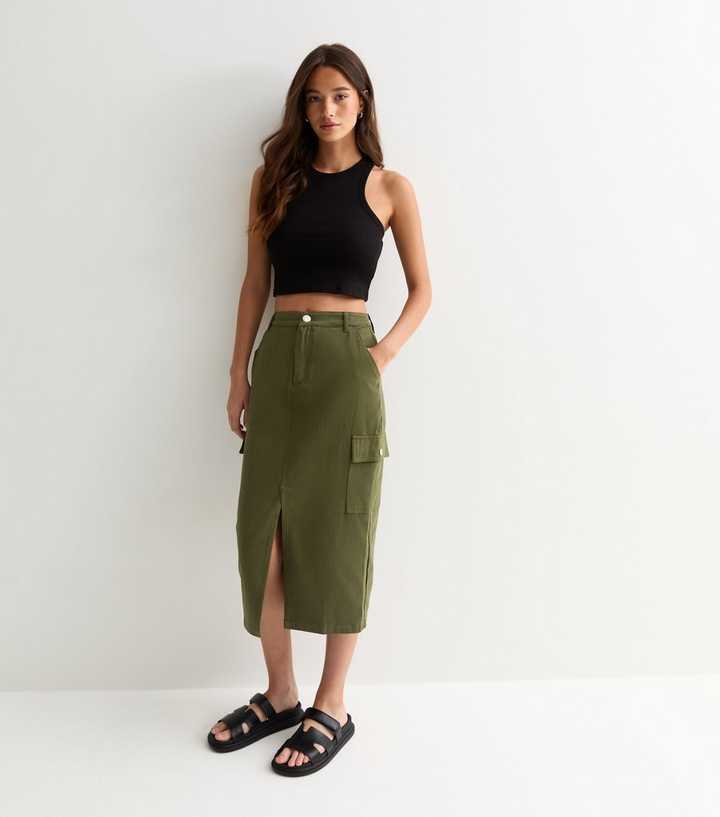 Gini London Olive Cargo Midi Skirt 