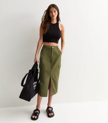 Gini London Olive Cargo Midi Skirt New Look