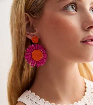 Bright Pink Straw Sunflower Drop Earrings