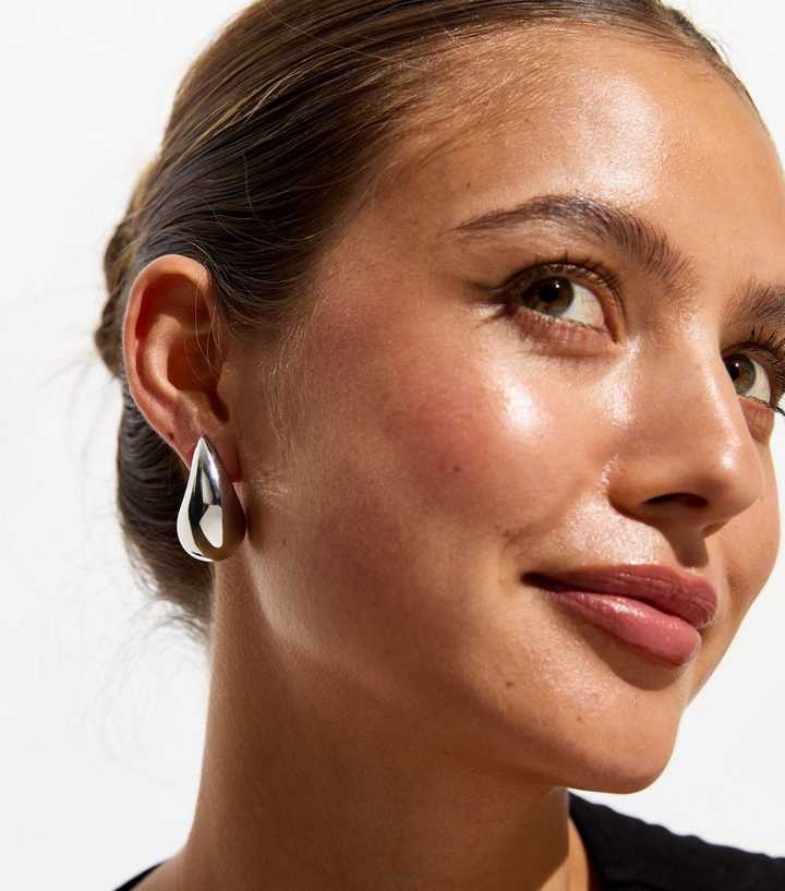 Silver Large Teardrop Stud Earrings