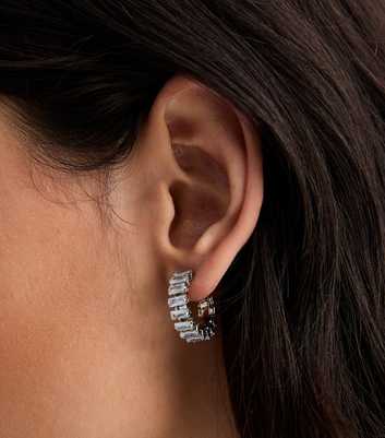 Silver Cubic Zirconia Baguette Hoop Earrings