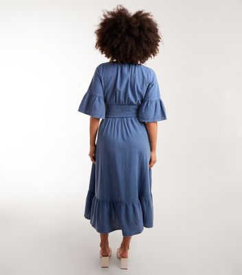 Blue Vanilla Blue Denim-Look Shirred Waist Midi Dress New Look