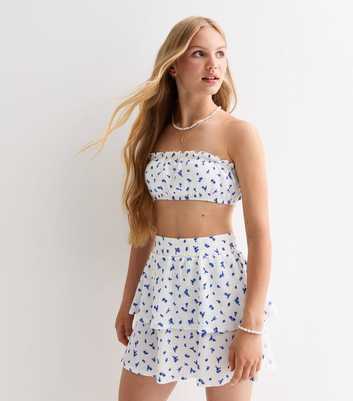Girls White Ditsy-Floral Crinkle-Textured Beach Skirt 