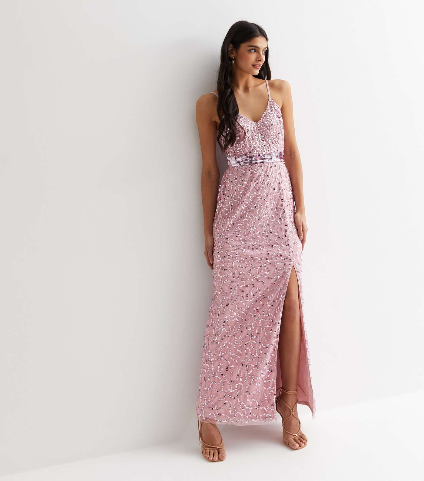 Gini London Mid Pink Sequin Strappy Maxi Dress Image 3