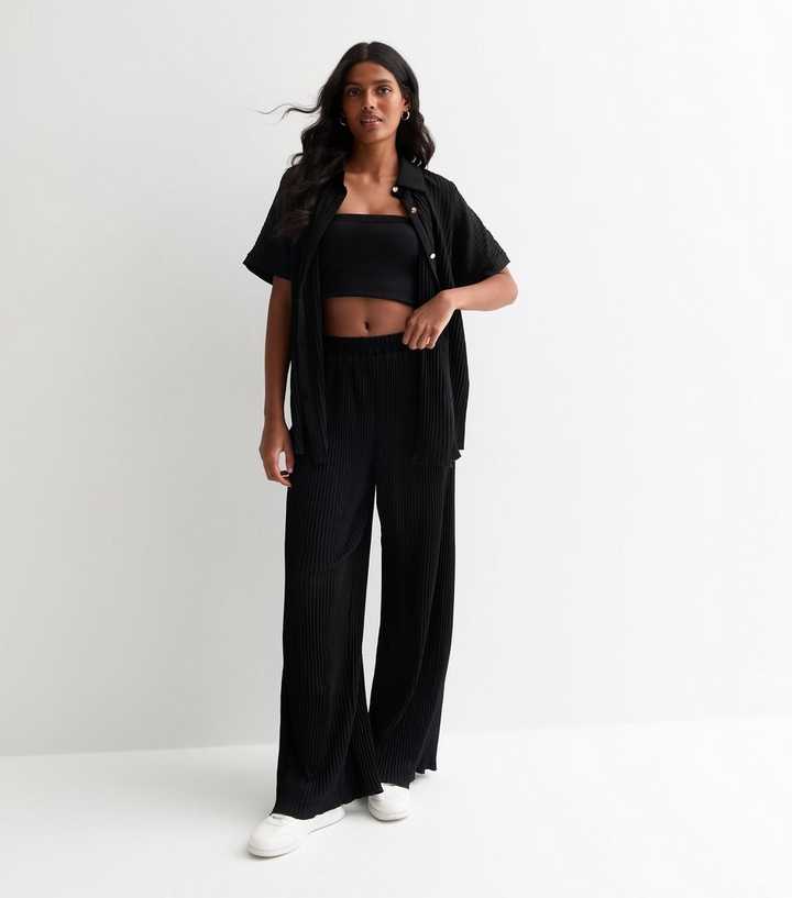 Gini London Black Plissé Wide Leg Loungewear Trousers