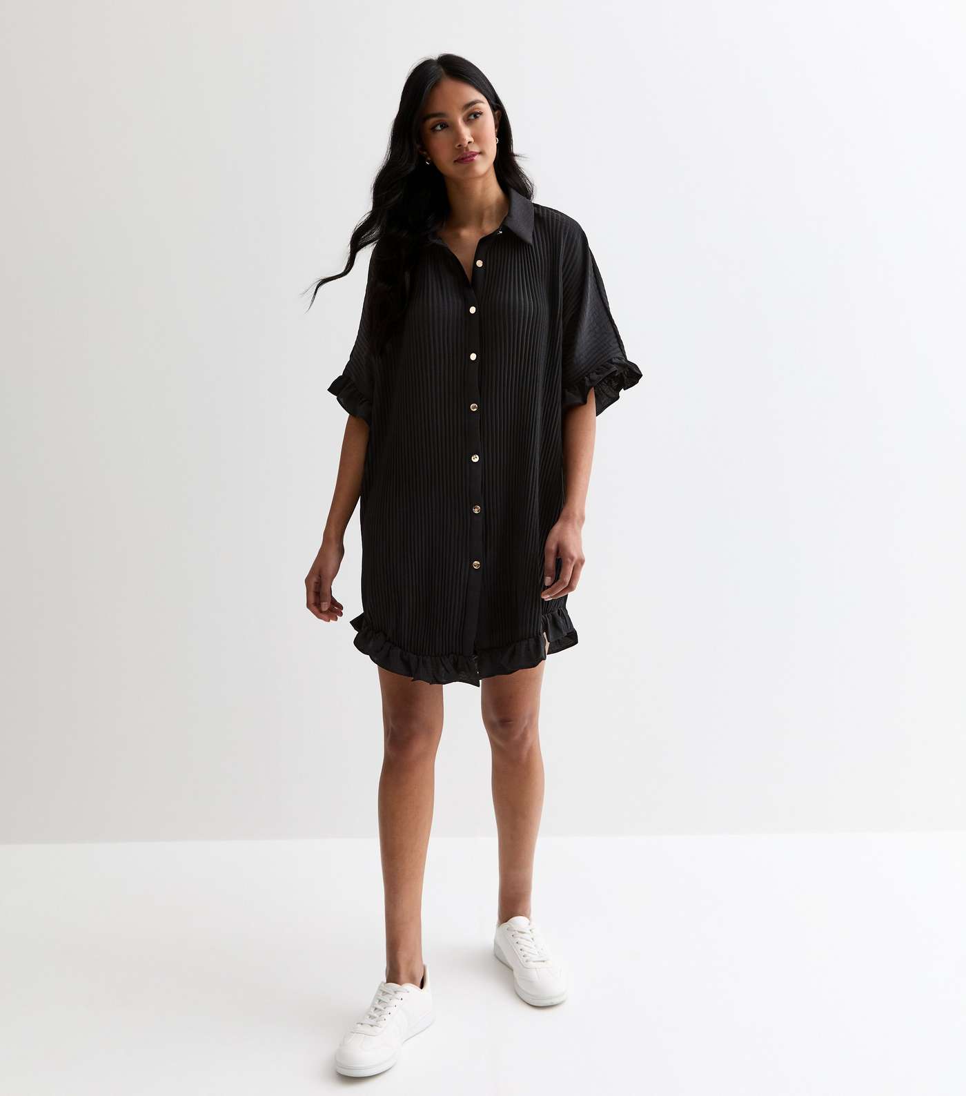 Gini London Black Plisse Frill Oversized Mini Shirt Dress Image 3