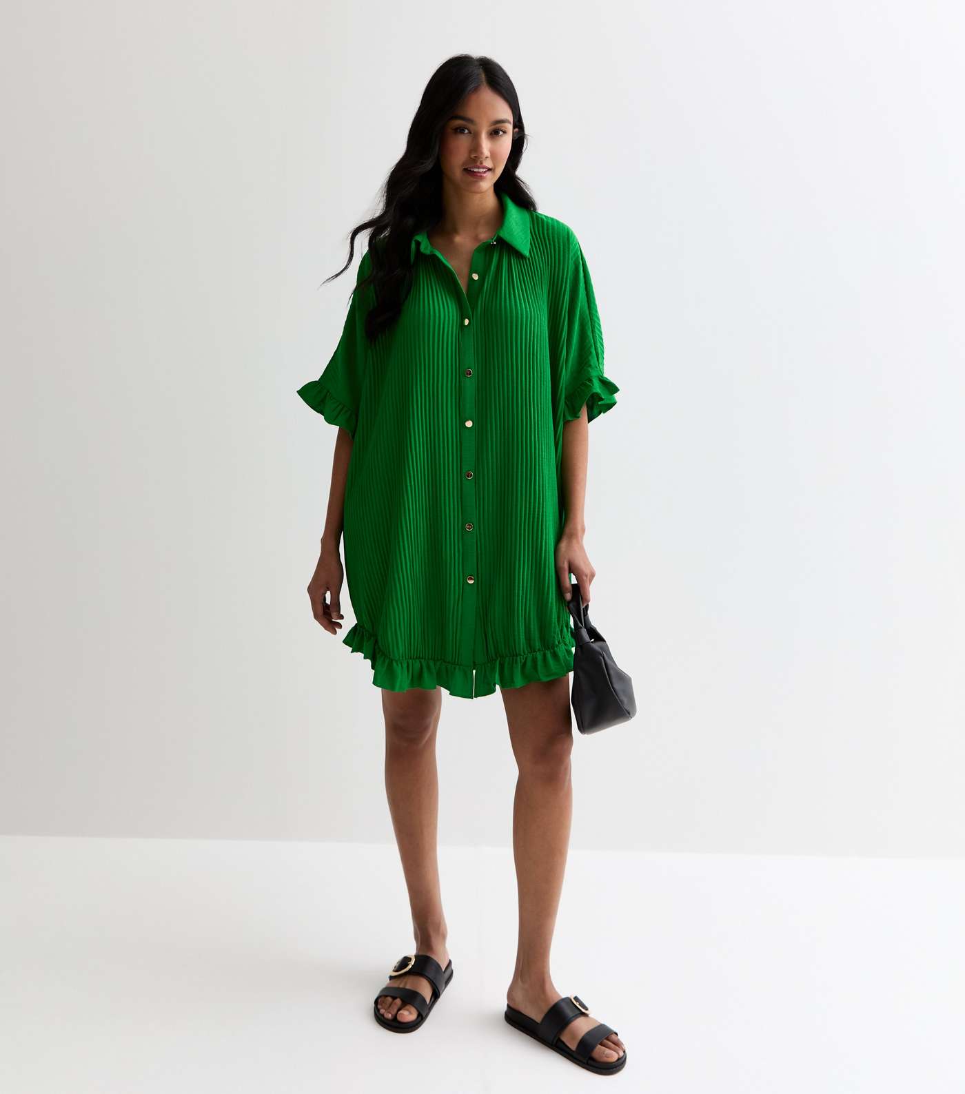 Gini London Green Plisse Frill Oversized Mini Shirt Dress Image 3