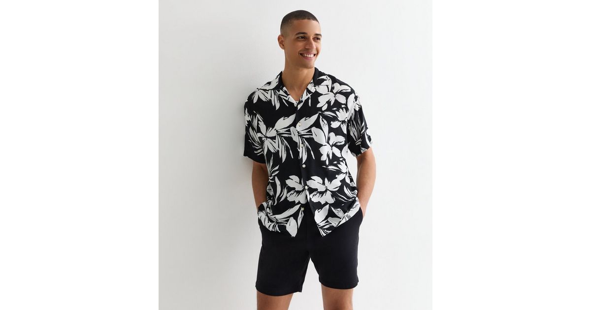 Jack & Jones Black Leaf Print Short Sleeve Resort Shirt | New Look