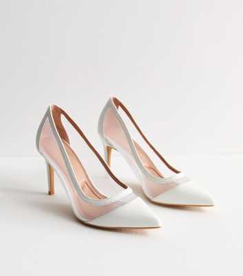 White Mesh-Panelled Stiletto Heel Court Shoes