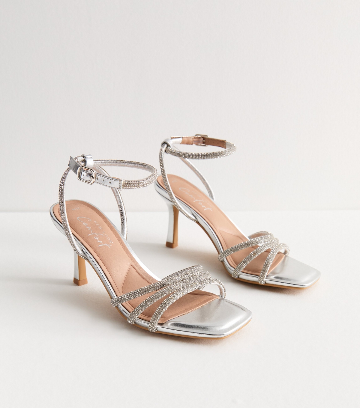 Women's Silver Diamanté-Embellished Stiletto Sandals Vegan New Look