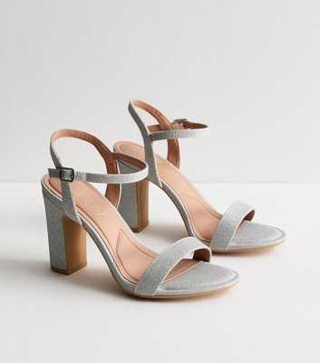 Wide Fit Silver 2 Part Shimmer Block Heel Sandals 