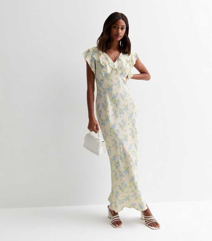 Cream Ruffled Floral Print Maxi Dress 