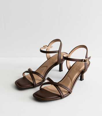 Brown Leather-Look Crossover-Strap Heeled Sandals
