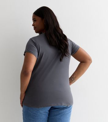 Curves Grey Cotton Rose Logo T-Shirt New Look