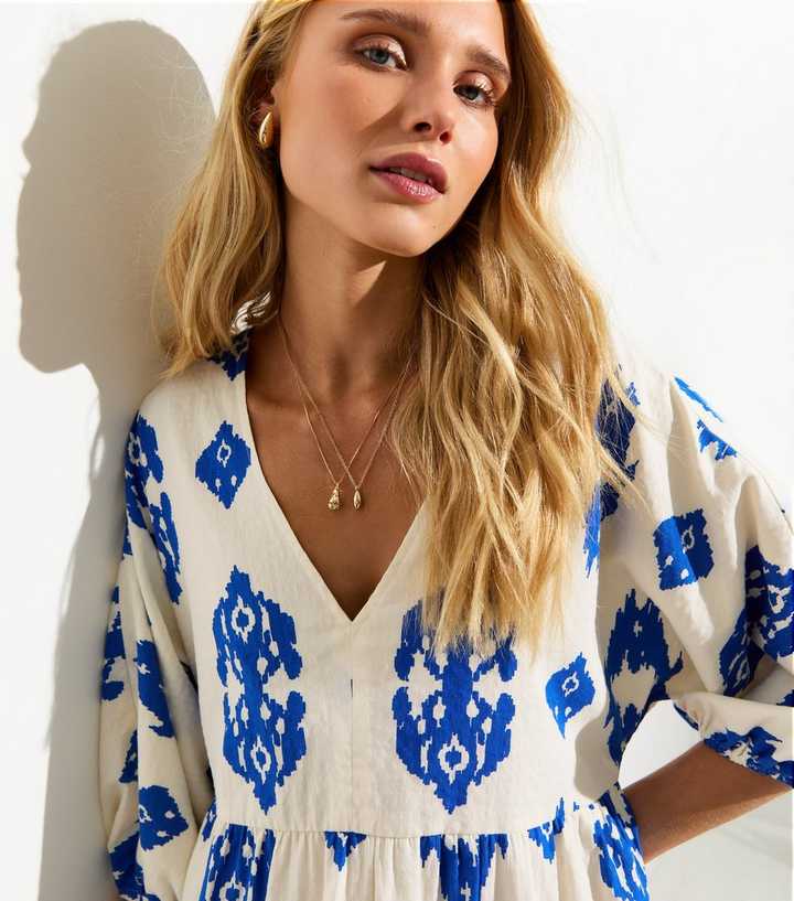 White Cotton Ikat V-Neck Smock Midi Dress | New Look