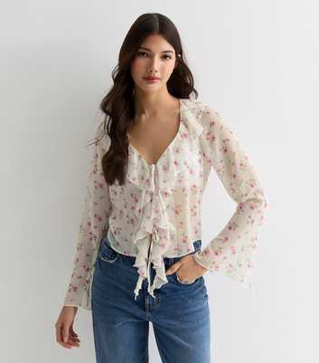 White Floral Sheer Ruffle Tie Front Blouse