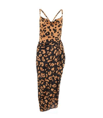 QUIZ Brown Leopard Print Satin Ruched Midi Dress New Look
