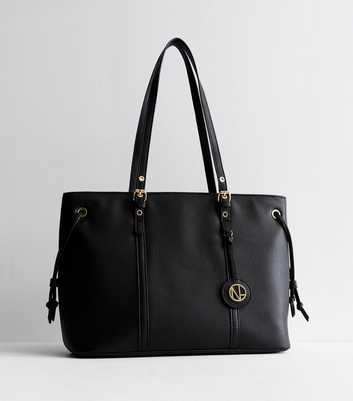 Black Leather-Look Tumble Tie Tote Bag