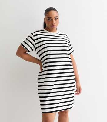 Curves White Stripe Cotton Mini T-Shirt Dress