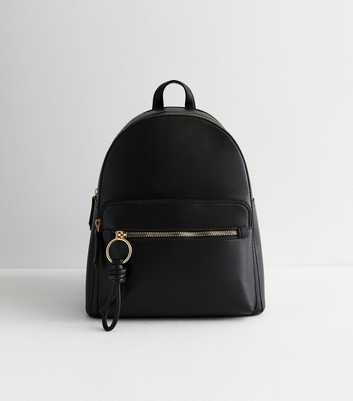Black Leather-Look Front-Pocket Backpack