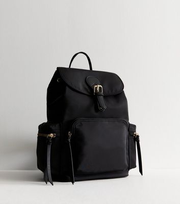 Black Nylon Flap Backpack New Look