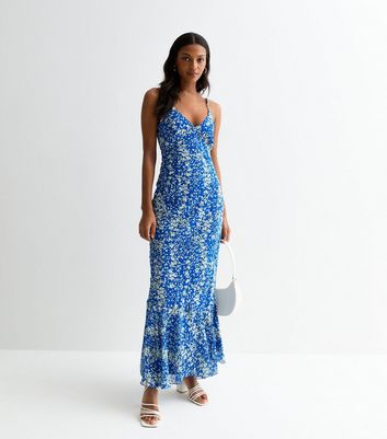 Gini London Blue Floral Strappy Maxi Dress New Look