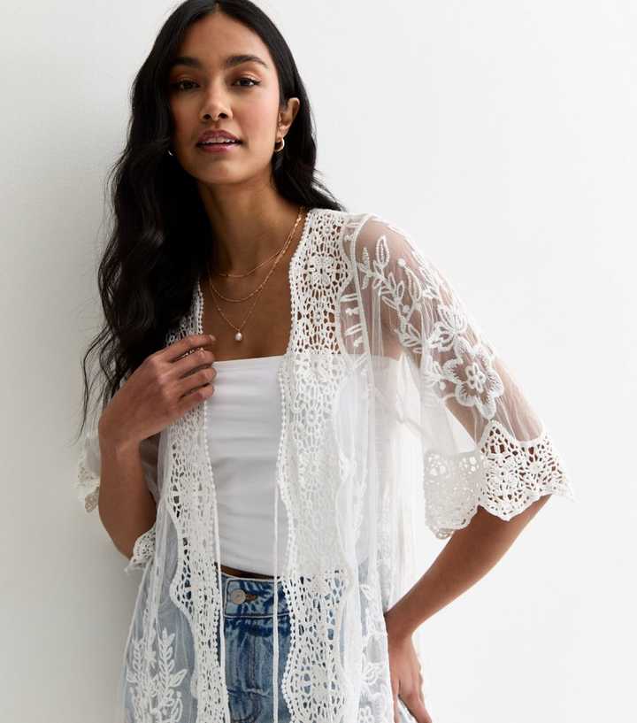 Gini London White Embroidered Crochet Knit Cardigan