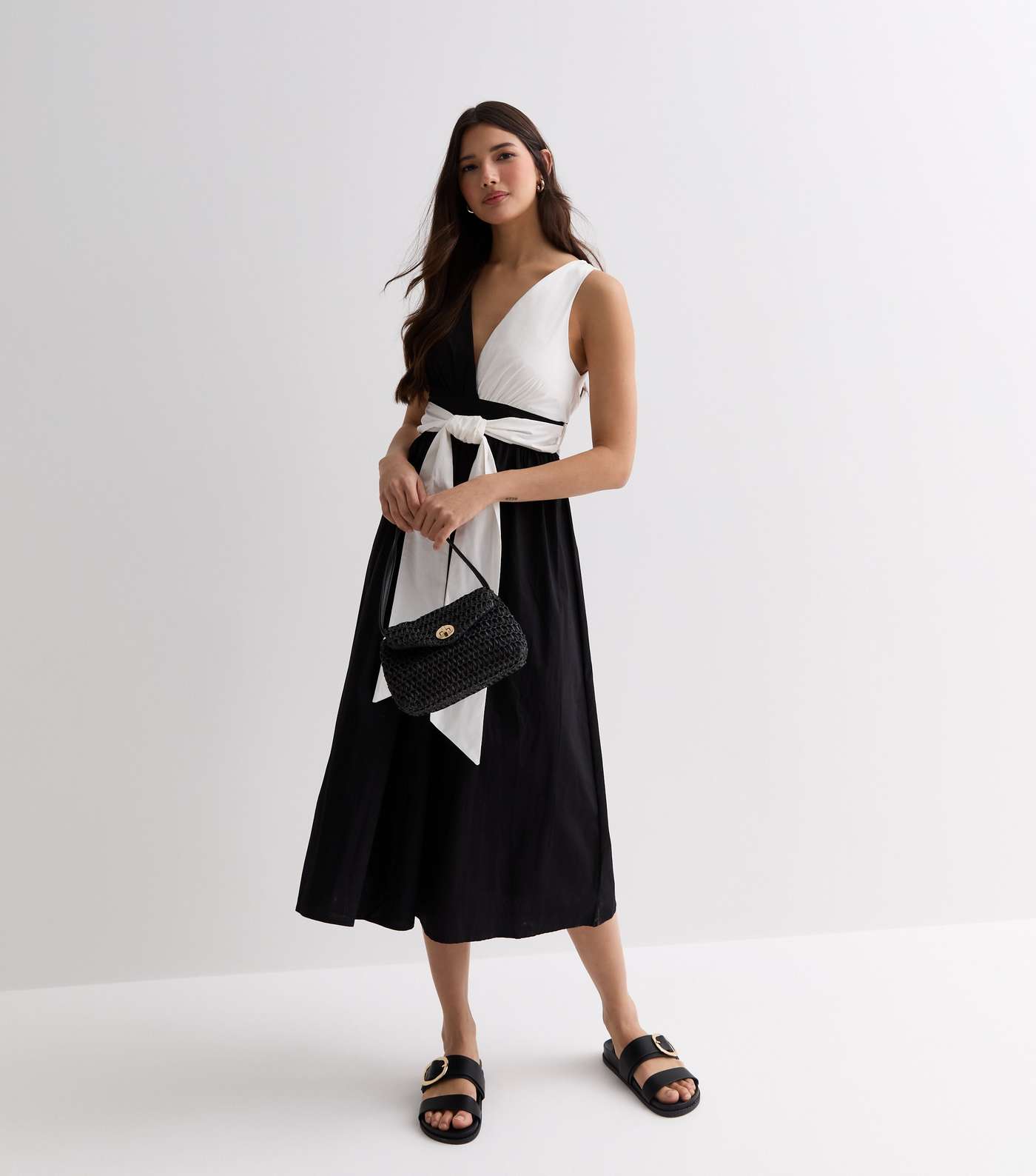 Gini London Black Contrast Tie Front Midi Dress Image 3