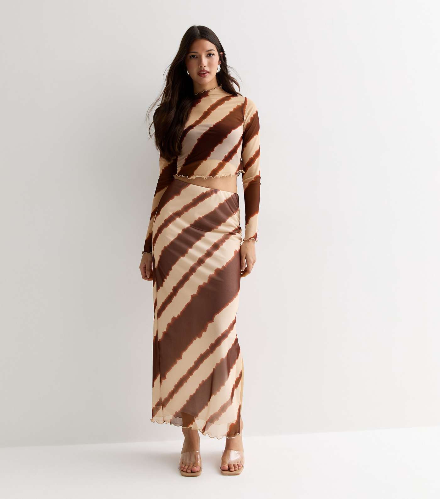 Brown Tie Dye Mesh Midi Skirt Image 3