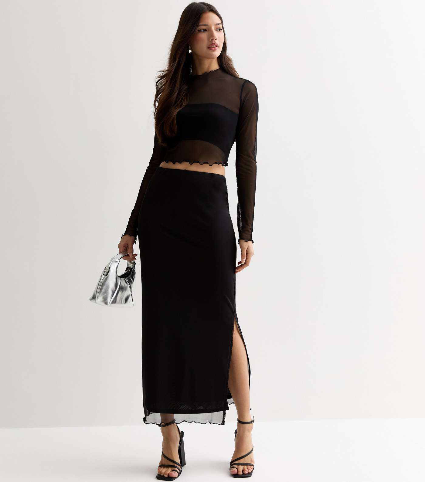 Black Plain Mesh Maxi Skirt Image 3