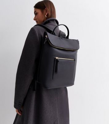 Black Leather Look Foldover Backpack