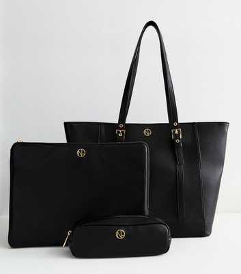 Black Leather-Look Trio Tote Bag