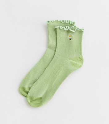 Green Daisy Embroidered Frill Trim Cotton Socks  