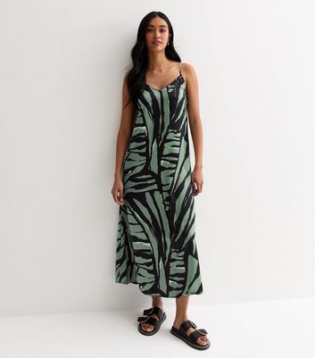 ONLY Green Abstract Print Satin Midi Slip Dress New Look