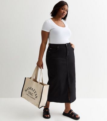 ONLY Curve Black Split Denim Midi Skirt New Look