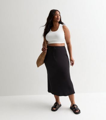 Curves Black Drawstring Midi Skirt New Look