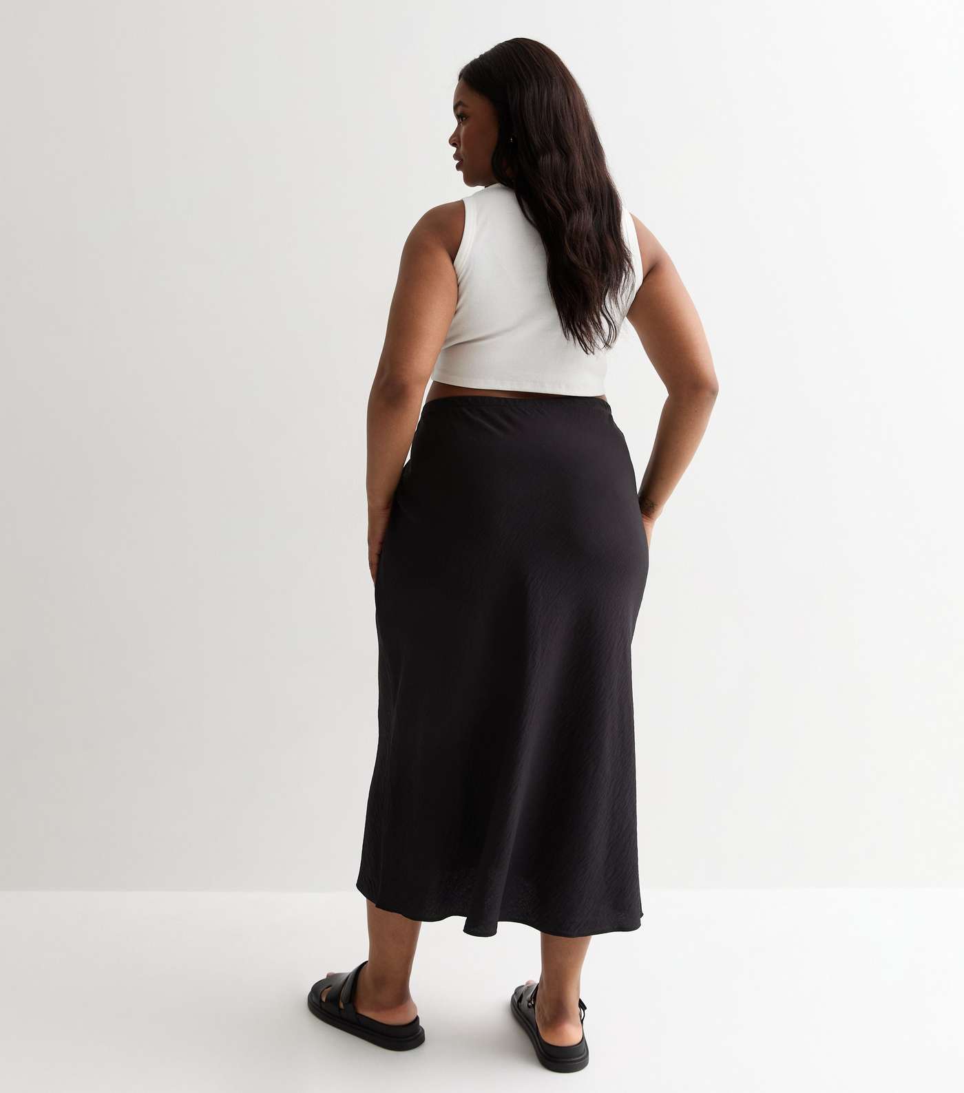 Curves Black Drawstring Midi Skirt Image 4
