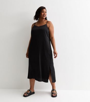 Black satin midi slip dress best sale