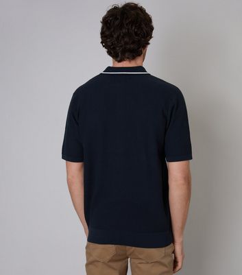 Men's Threadbare Navy Textured Knit Polo Shirt New Look