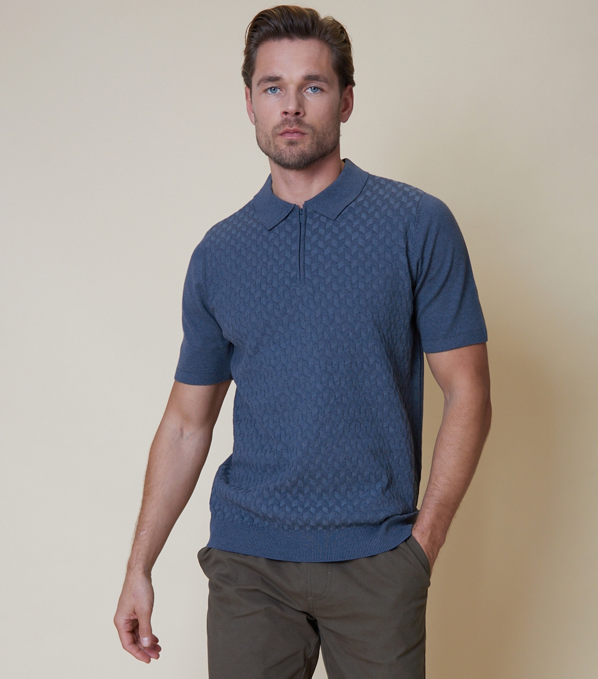 Men's Blue Textured Knit Zip Neck Polo Shirt Threadbare New Look