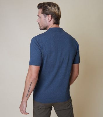 Men's Threadbare Blue Textured Knit Zip Neck Polo Shirt New Look