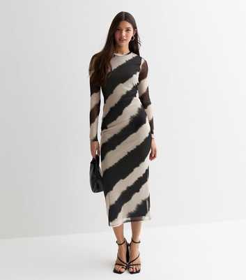 Black Diagonal Stripe Mesh Bodycon Midi Dress