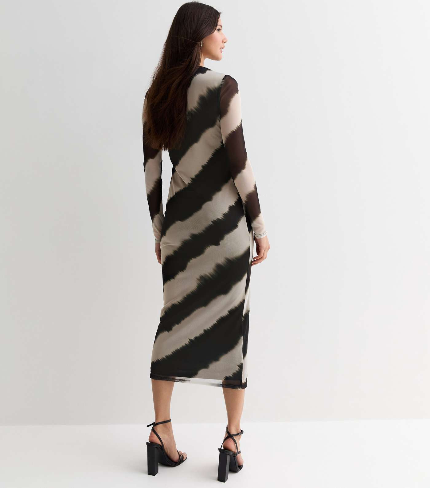 Black Diagonal Stripe Mesh Bodycon Midi Dress Image 4