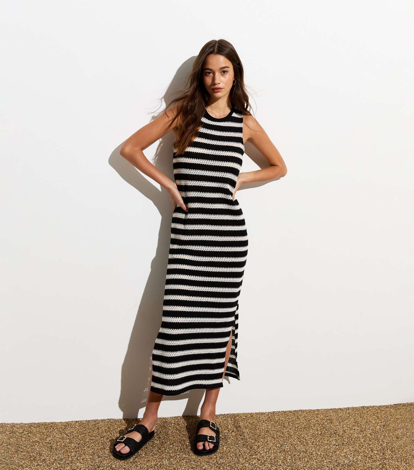 Black Stripe Knit Sleeveless Midi Dress Image 3