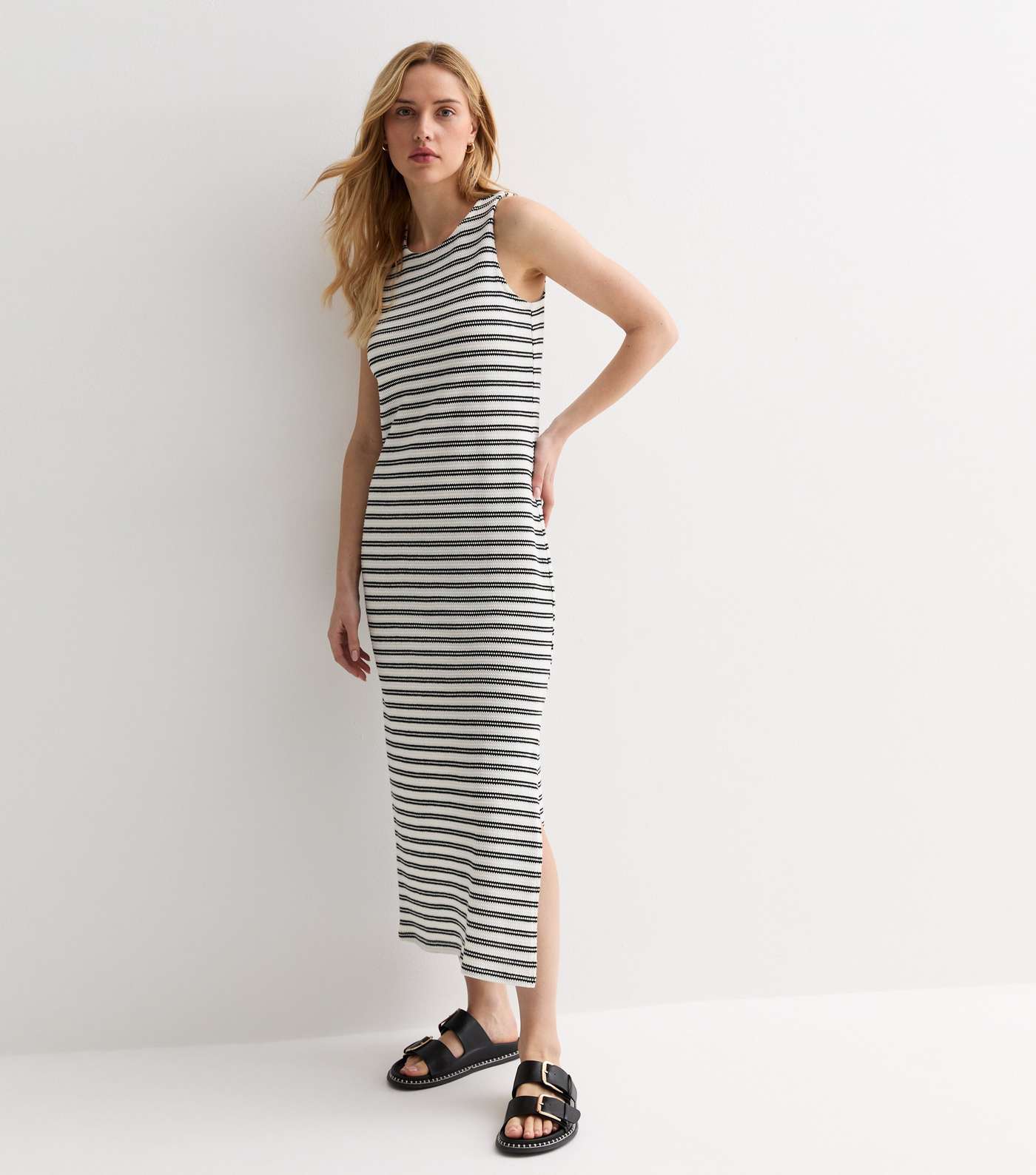 Off White Stripe Knit Sleeveless Split Hem Midi Dress | New Look