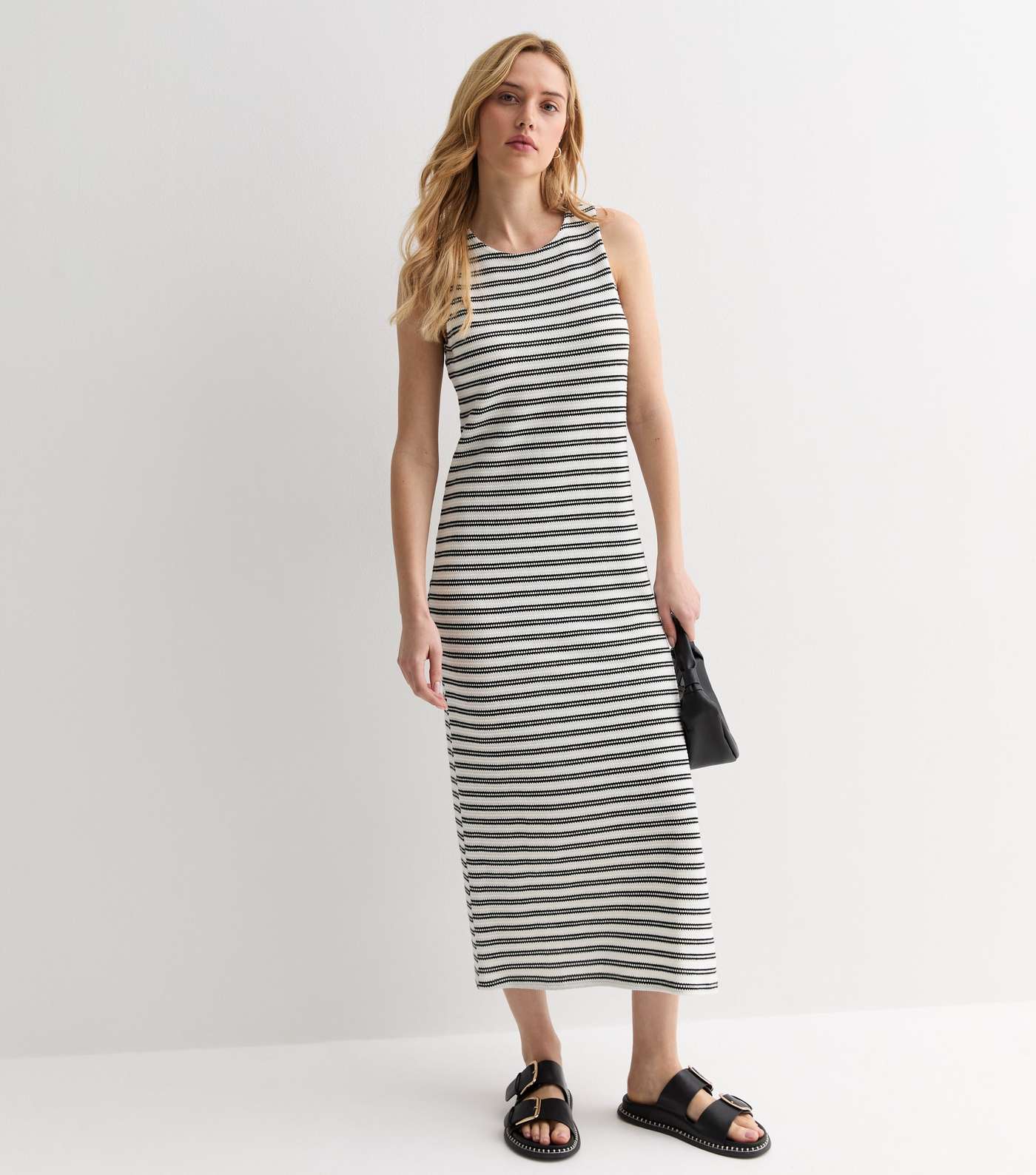 Off White Stripe Knit Sleeveless Split Hem Midi Dress Image 3