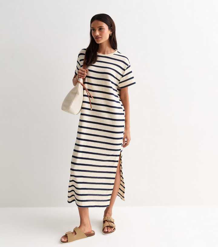 Navy and Cream Stripe Oversized Midi T-Shirt Dress - Main Image