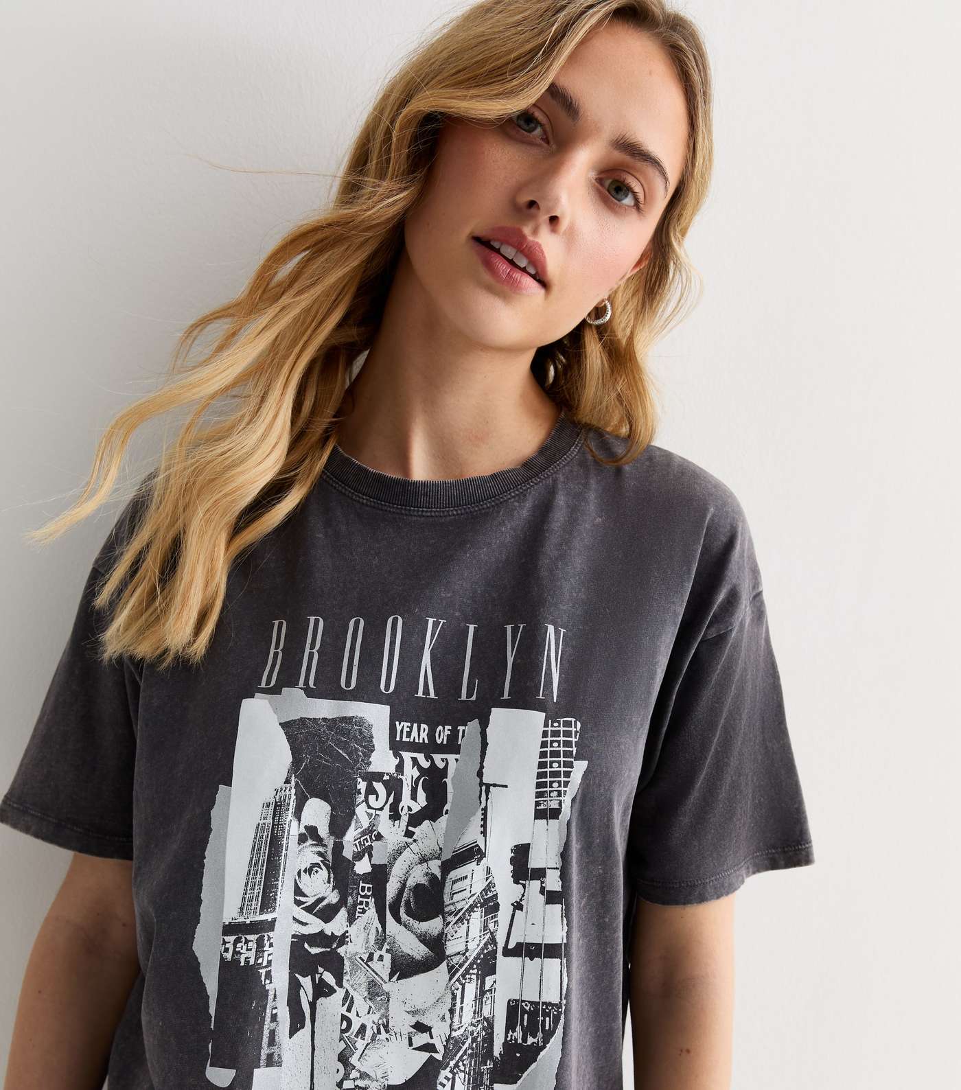Dark Grey Acid Wash Brooklyn Logo Oversized T-Shirt Image 2