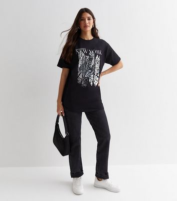 Black Cotton Metallic New York Logo T-Shirt New Look