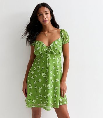 Petite Green Floral-Print Mini Dress New Look